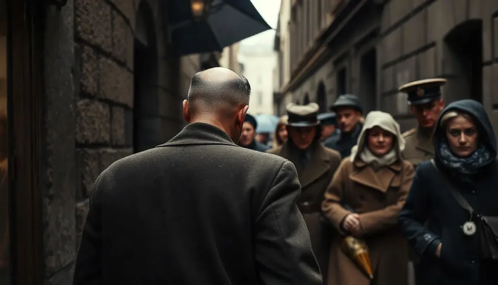 A somber moment depicting the impact of fascism in Germany, featuring a male Jewish man wearing a yellow star, walking past a group of indifferent German citizens, including men and women, in a narrow street, during a rainy day.